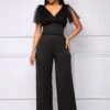 V Neck Black Mesh Stitching Jumpsuit
