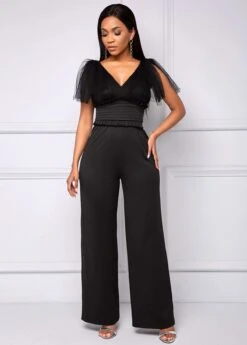 V Neck Black Mesh Stitching Jumpsuit