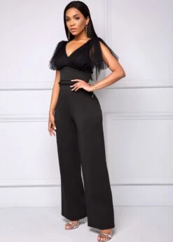 V Neck Black Mesh Stitching Jumpsuit -Rosewe Promotion Store 259410 P 16124261050162