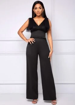 V Neck Black Mesh Stitching Jumpsuit -Rosewe Promotion Store 259410 P 16124261059453