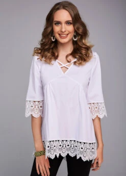 3/4 Sleeve Lace Stitching Cross Strap Blouse