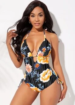 Floral Print Halter One Piece Swimwear -Rosewe Promotion Store 259975 P 16123511931693
