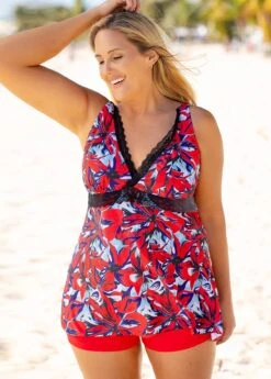 Lace Stitching Floral Print Plus Size Swimdress And Shorts