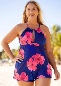 Criss Cross Back Plus Size Floral Print Swimdress And Shorts -Rosewe Promotion Store 260184 P 16129572203422