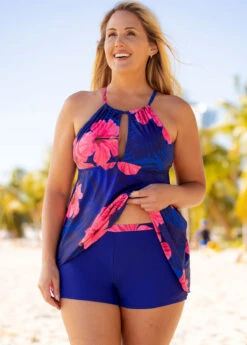 Criss Cross Back Plus Size Floral Print Swimdress And Shorts -Rosewe Promotion Store 260184 P 16129572206713