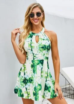 Printed Keyhole Neckline Strappy Back Swimdress And Shorts