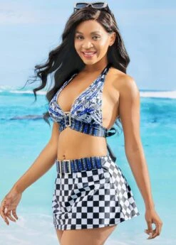 Halter Checkered Print Buckle Detail Bikini Set -Rosewe Promotion Store 260348 P 1618282576008