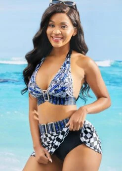 Halter Checkered Print Buckle Detail Bikini Set -Rosewe Promotion Store 260348 P 1618282577475