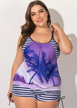 Striped Tropical Print Wide Strap Tankini Set