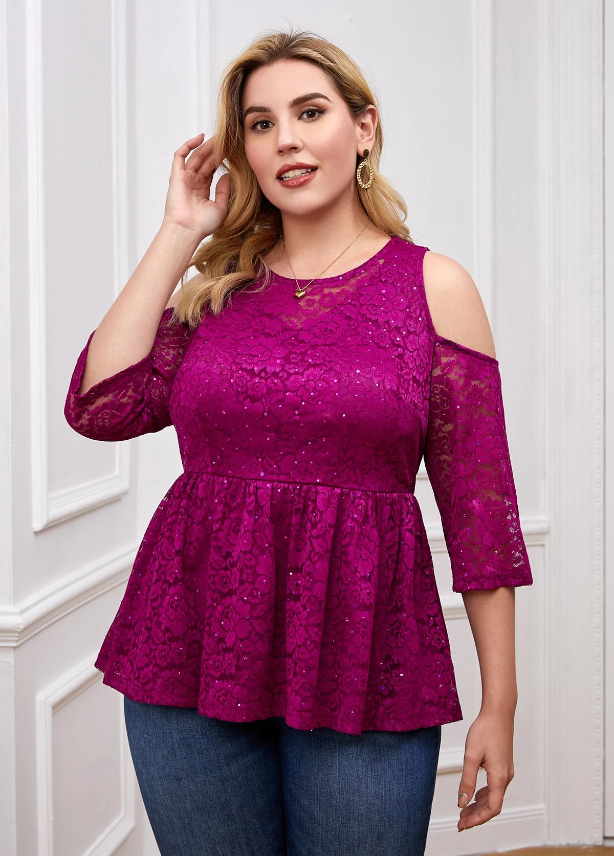 Lace Stitching Plus Size Cold Shoulder T Shirt 3 Lace Stitching Plus Size Cold Shoulder T Shirt
