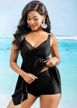 Mesh Stitching Asymmetric Hem Spaghetti Strap Swimdress -Rosewe Promotion Store 261894 P 1618208518006