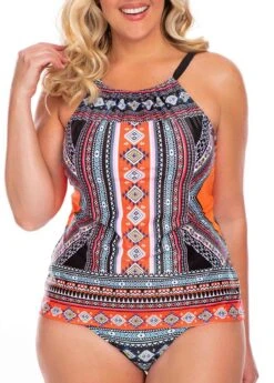 Geometric Print Spaghetti Strap Plus Size Tankini Set