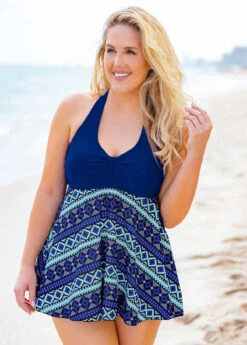 Halter Plus Size Geometric Print Swimdress And Shorts