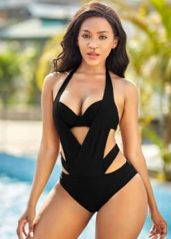 Halter Cutout Black Detail One Piece Swimwear -Rosewe Promotion Store 262194 P 16141283696884