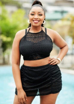 High Waisted Plus Size Lace Stitching Bikini Set