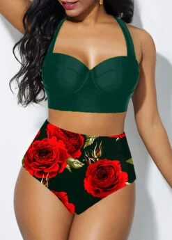 Halter High Waist Floral Print Bikini Set
