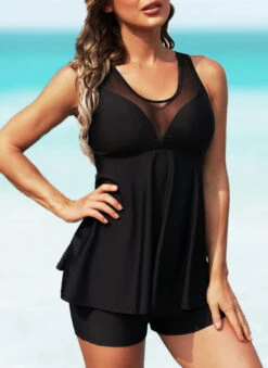 Mesh Stitching Cross Strap Swimdress And Shorts