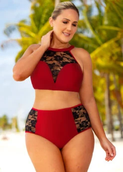 Lace Stitching High Waisted Plus Size Bikini Set -Rosewe Promotion Store 262524 P 16248619671123