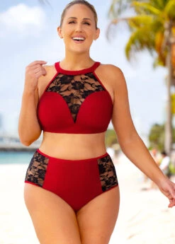 Lace Stitching High Waisted Plus Size Bikini Set