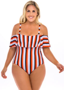 Striped Cold Shoulder Plus Size One Piece Swimwear -Rosewe Promotion Store 262533 P 16141446946373