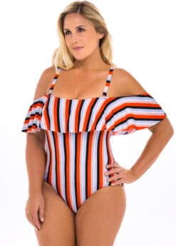 Striped Cold Shoulder Plus Size One Piece Swimwear -Rosewe Promotion Store 262533 P 16141446947172