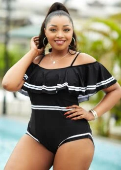 Contrast Stitch Flounce Plus Size One Piece Swimwear