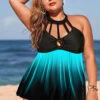 Asymmetric Hem Ombre Plus Size Swimdress And Shorts