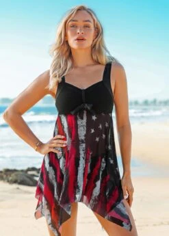 Asymmetric Hem American Flag Print Wide Strap Swimdress And Shorts -Rosewe Promotion Store 262673 P 16176844231703