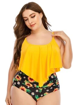 Sunflower Print Asymmetric Hem Plus Size Bikini Set