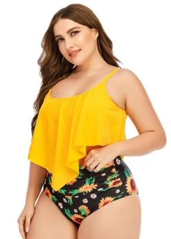 Sunflower Print Asymmetric Hem Plus Size Bikini Set -Rosewe Promotion Store 262743 P 1609322210874