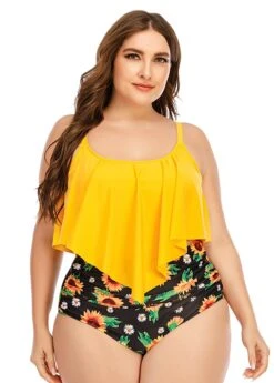 Sunflower Print Asymmetric Hem Plus Size Bikini Set -Rosewe Promotion Store 262743 P 1609322211139