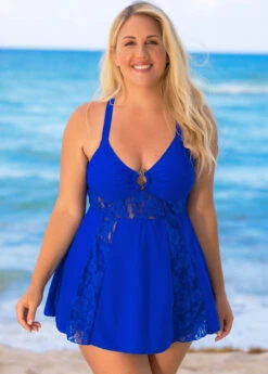 Cross Strap Plus Size Lace Stitching Swimdress And Shorts