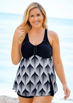 Printed Plus Size Wide Strap Swimdress And Shorts