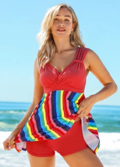 Mid Waist Rainbow Stripe Wide Strap Swimdress And Shorts -Rosewe Promotion Store 263030 P 16176843145794