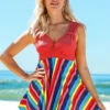 Mid Waist Rainbow Stripe Wide Strap Swimdress And Shorts 2 Mid Waist Rainbow Stripe Wide Strap Swimdress And Shorts -Rosewe Promotion Store 263030 P 16176843147660