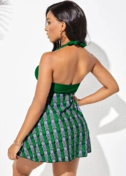 Center Shirred Printed Halter Tie Back Swimdress And Shorts -Rosewe Promotion Store 263276 P 1627695628255