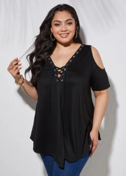 Lace Up Cold Shoulder Plus Size T Shirt -Rosewe Promotion Store 263411 P 16129431600653