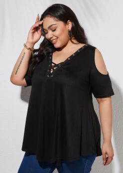 Lace Up Cold Shoulder Plus Size T Shirt -Rosewe Promotion Store 263411 P 16129431605782