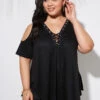 Lace Up Cold Shoulder Plus Size T Shirt -Rosewe Promotion Store 263411 P 16129431608900