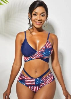 American Flag Print Cross Tie Back Bikini Set -Rosewe Promotion Store 263840 P 16215025806093