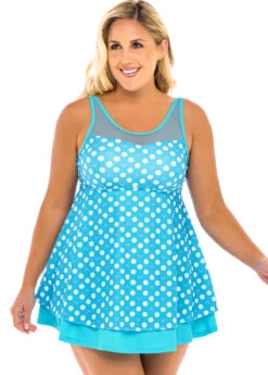 Mesh Stitching Plus Size Polka Dot Swimdress And Shorts