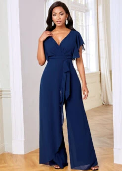 Overlay V Neck Ruffle Sleeve Chiffon Jumpsuit -Rosewe Promotion Store 264361 P 16146640103753