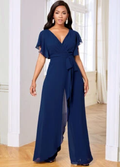 Overlay V Neck Ruffle Sleeve Chiffon Jumpsuit