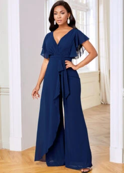 Overlay V Neck Ruffle Sleeve Chiffon Jumpsuit -Rosewe Promotion Store 264361 P 16146640106222