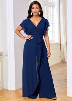 Overlay V Neck Ruffle Sleeve Chiffon Jumpsuit -Rosewe Promotion Store 264361 P 16146640107794
