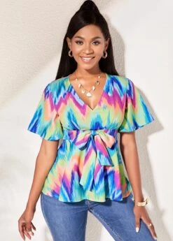 Short Sleeve V Neck Bowknot Blouse -Rosewe Promotion Store 264392 P 16157865431484