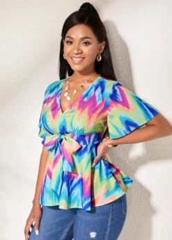 Short Sleeve V Neck Bowknot Blouse -Rosewe Promotion Store 264392 P 16157865431822