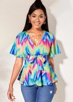 Short Sleeve V Neck Bowknot Blouse -Rosewe Promotion Store 264392 P 16157865437313