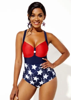 Center Shirred American Flag Print One Piece Swimwear