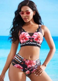 Ladder Cutout Mesh Stitching Floral Print Bikini Set